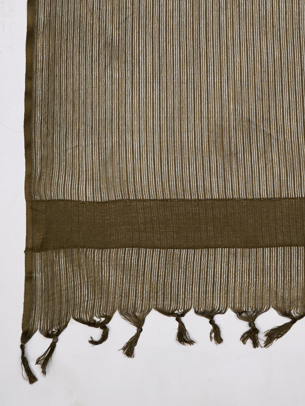 Elegant Bottle Green Cotton Dupatta with Subtle Woven Stripes & Tassel Detailing (Size: 2.5x1 m Approx)