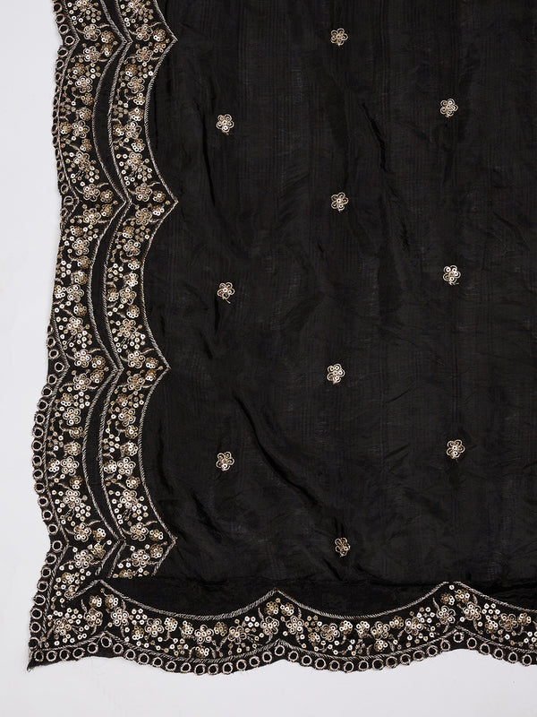 Black Chinon Dupatta with Scalloped Embroidered Border & Sequin Motifs (Size: 2.5x1 m Approx)