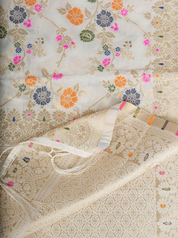 White Paithani Silk Dupatta with Multicolour Floral Zari Weave (Size: 2.5x1 m Approx)