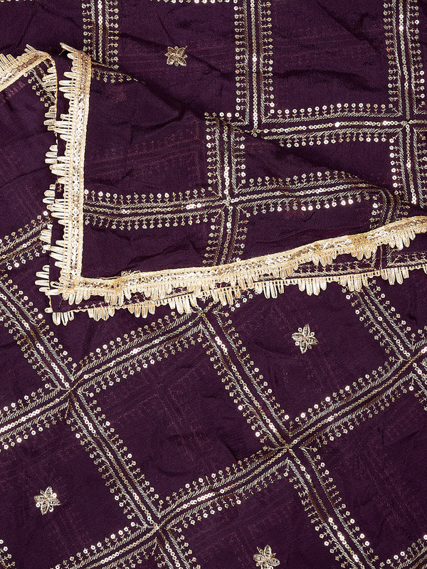 Purple Chinon Dupatta with Gold Grid Embellishment (Size: 2.5x1 m Approx)