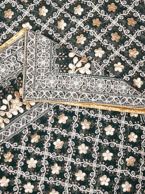 Black Georgette Dupatta with Gold Foil Booti & Lace Border (Size: 2.5x1 m Approx)