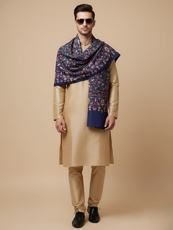 Bamboo Silk Blue Kashmiri Mens Stole with Classic Paisley Weave | Elegant Ethnic Accessory | 80×28 Inches