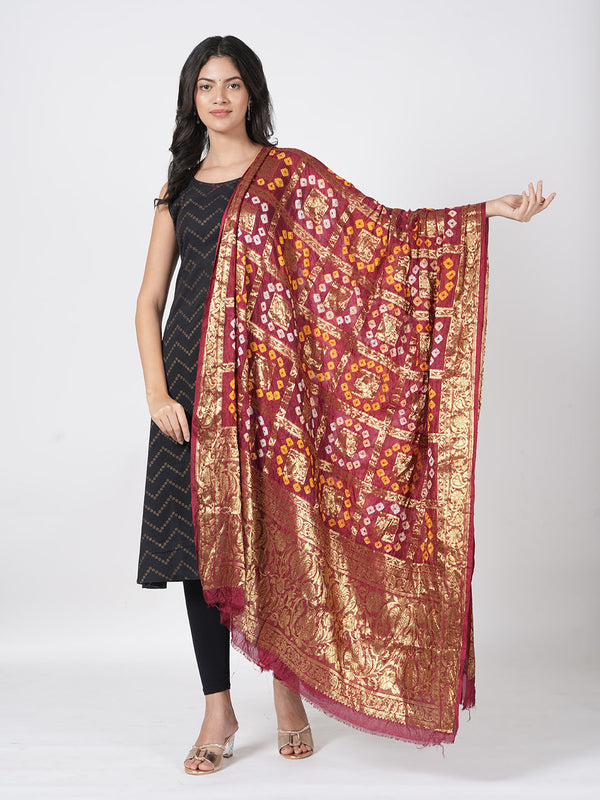Bandhani Banarasi Gharchola Silk Dupatta with Zari Border (Size: 2.5x1 m Approx)