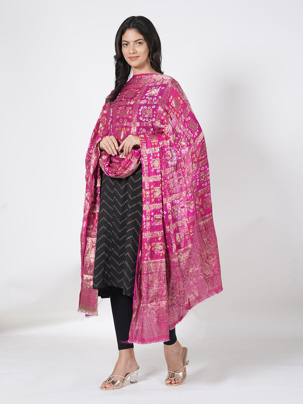 Rani Bandhani Banarasi Gharchola Silk Dupatta with Zari Border (Size: 2.5x1 m Approx)