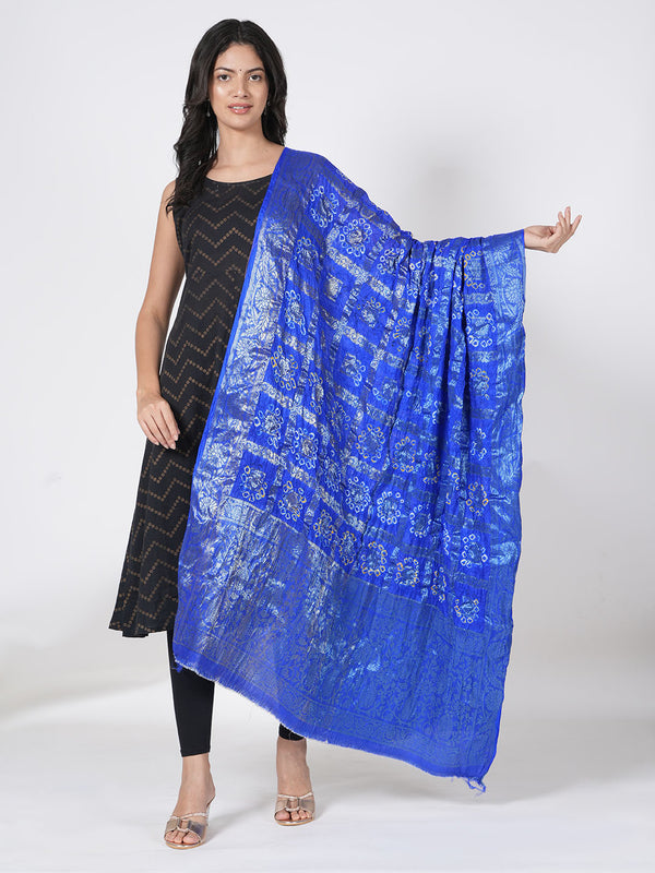 Blue Bandhani Banarasi Gharchola Silk Dupatta with Zari Border (Size: 2.5x1 m Approx)