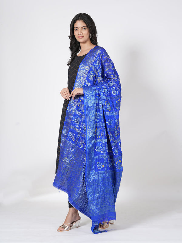 Blue Bandhani Banarasi Gharchola Silk Dupatta with Zari Border (Size: 2.5x1 m Approx)