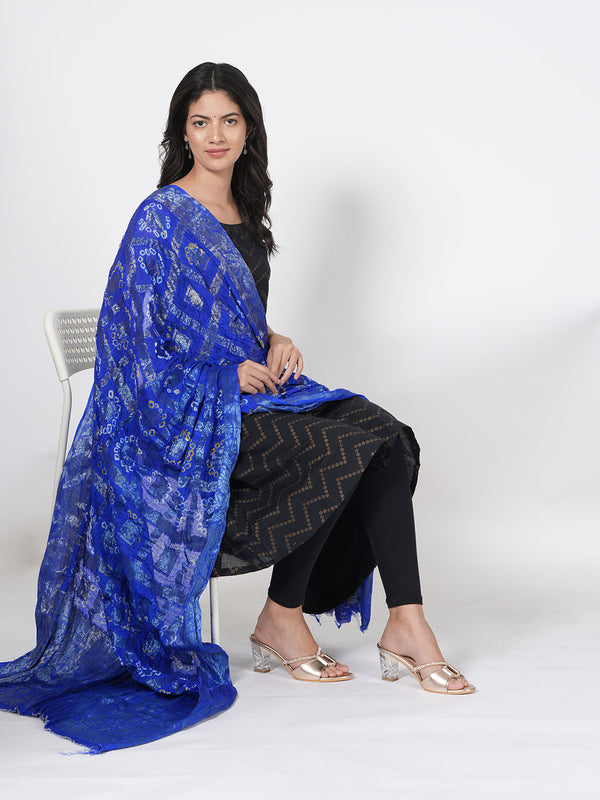 Blue Bandhani Banarasi Gharchola Silk Dupatta with Zari Border (Size: 2.5x1 m Approx)
