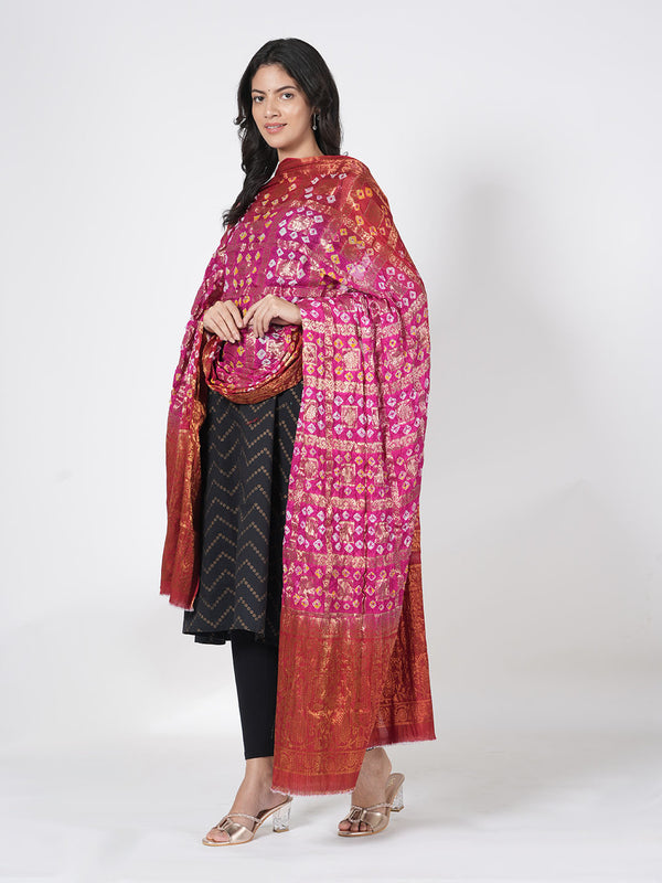 Bandhani Banarasi Gharchola Silk Dupatta in Pink & Red (Size: 2.5x1 m Approx)