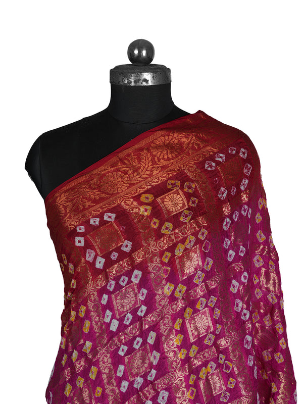 Bandhani Banarasi Gharchola Silk Dupatta in Pink & Red (Size: 2.5x1 m Approx)