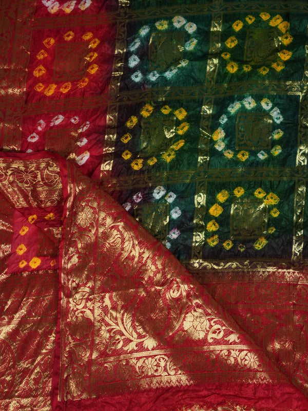 Bandhani Banarasi Gharchola Silk Dupatta in Green & Maroon (Size: 2.5x1 m Approx)