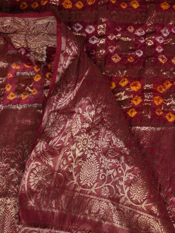 Bandhani Banarasi Gharchola Silk Dupatta with Zari Border (Size: 2.5x1 m Approx)