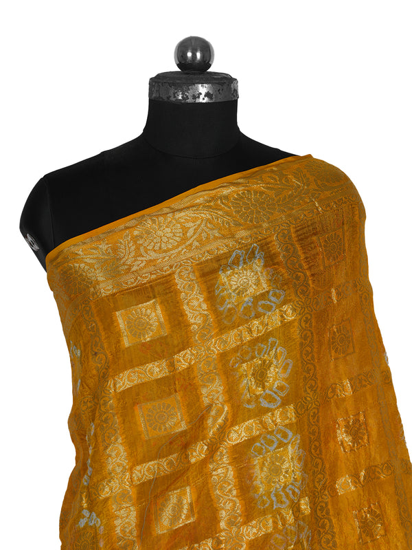 Gold Bandhani Banarasi Gharchola Silk Dupatta with Zari Border (Size: 2.5x1 m Approx)