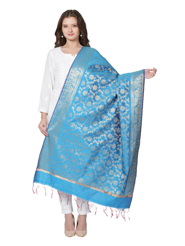 Sky Blue Banarasi Silk Dupatta with All-Over Woven Floral Motifs & Rich Zari Border (Size: 2.5x1 m Approx)