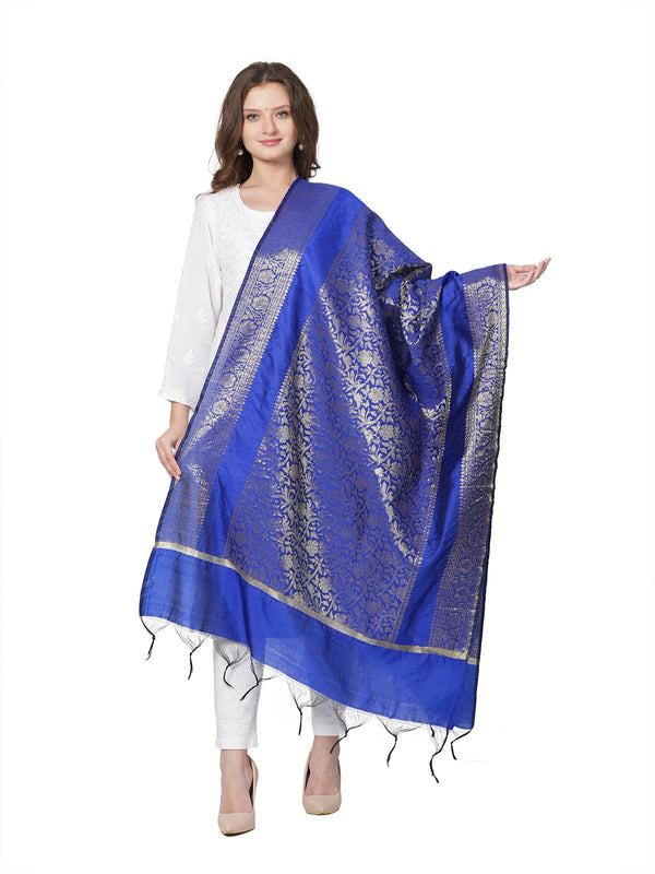Blue Banarasi Silk Dupatta with Intricate Woven Zari Motifs & Classic Border (Size: 2.5x1 m Approx)