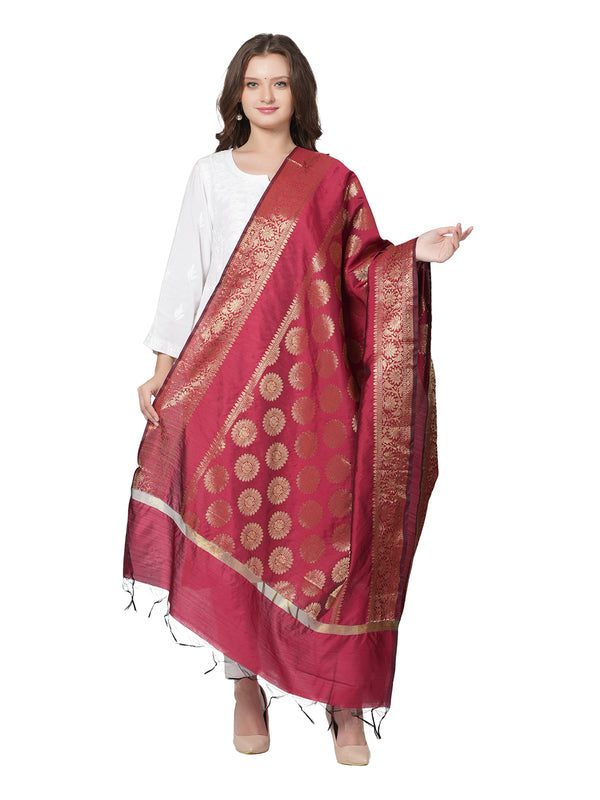 Maroon Banarasi Silk Dupatta with Woven Butti Motifs & Zari Border (Size: 2.5x1 m Approx)