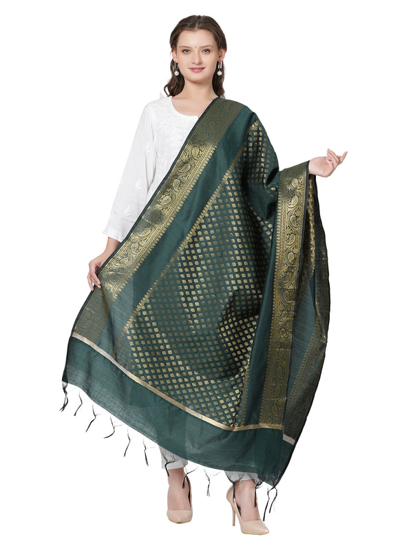 Bottle Green Banarasi Silk Dupatta with Woven Gold Zari Butti & Ornate Border (Size: 2.5x1 m Approx)