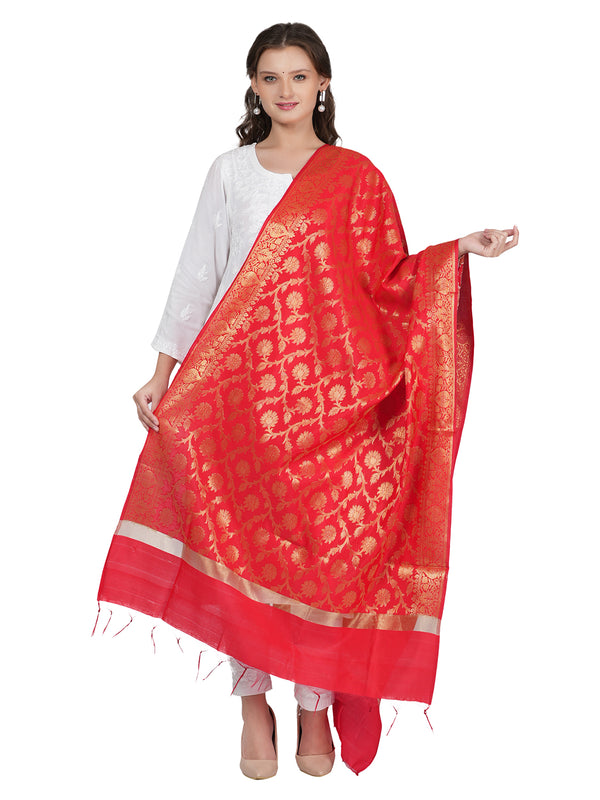 Red Banarasi Silk Dupatta with All-Over Woven Floral Motifs & Rich Zari Border (Size: 2.5x1 m Approx)