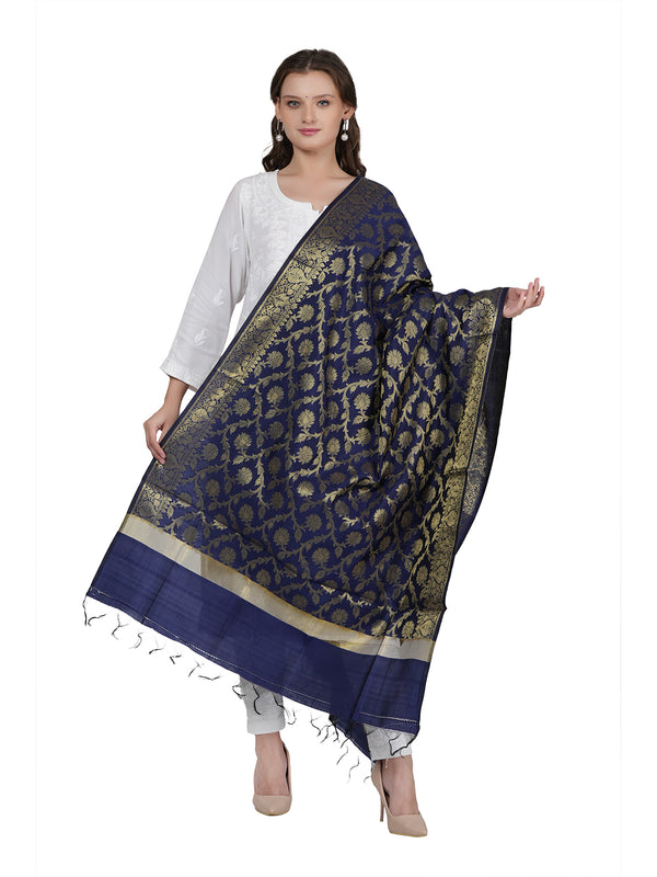 Dark Blue Banarasi Silk Dupatta with All-Over Woven Floral Motifs & Rich Zari Border (Size: 2.5x1 m Approx)