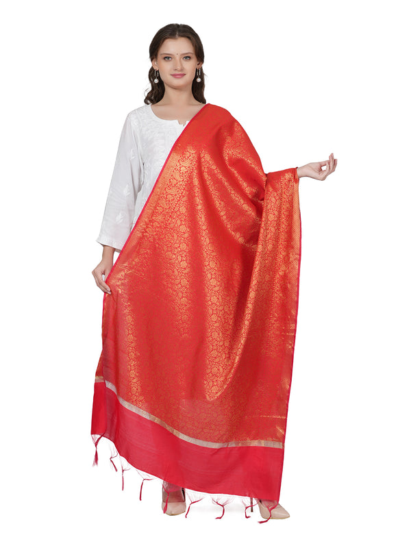 Red Banarasi Silk Dupatta with All-Over Woven Floral Zari Jaal (Size: 2.5x1 m Approx)