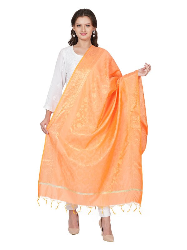 Orange Banarasi Silk Dupatta with All-Over Woven Floral Motifs & Rich Zari Border (Size: 2.5x1 m Approx)