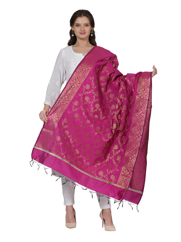 Rani Banarasi Silk Dupatta with All-Over Woven Floral Motifs & Rich Zari Border (Size: 2.5x1 m Approx)