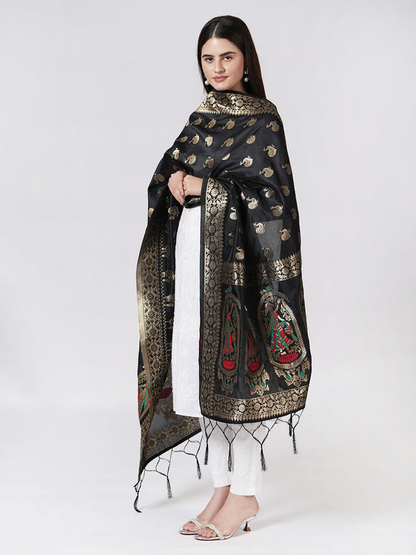 Black Paithani Silk Dupatta with Traditional Peacock Motifs (Size: 2.5x1 m Approx) Dupatta Shivmani Creations
