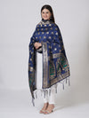 Navy Blue Paithani Silk Dupatta with Traditional Peacock Motifs (Size: 2.5x1 m Approx)