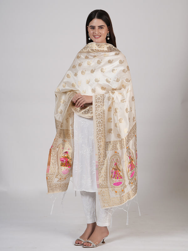 Off White Paithani Silk Dupatta with Traditional Peacock Motifs (Size: 2.5x1 m Approx)