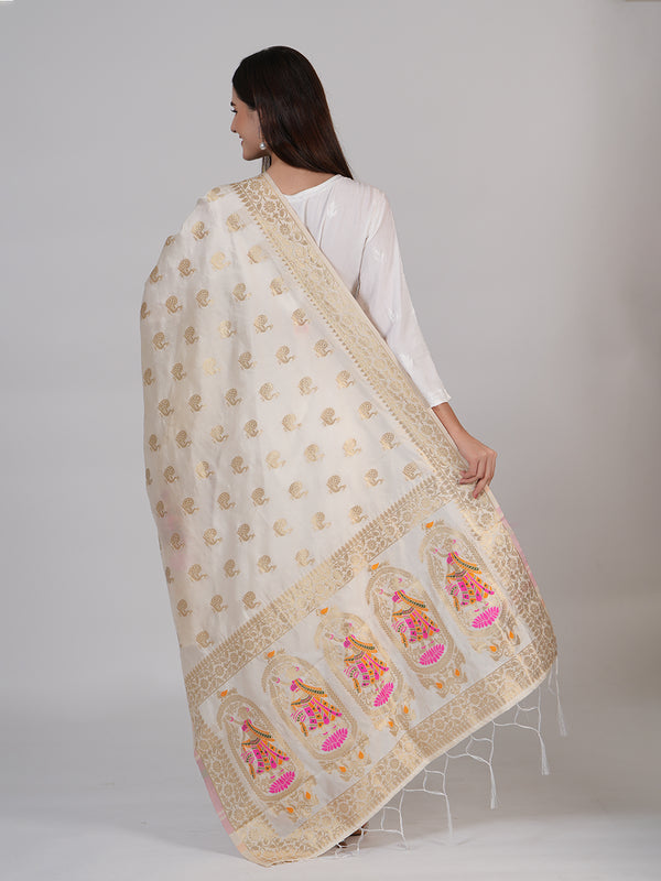 Off White Paithani Silk Dupatta with Traditional Peacock Motifs (Size: 2.5x1 m Approx)