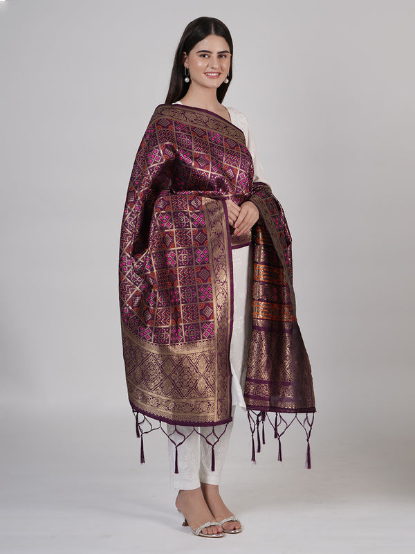 Purple Paithani Silk Dupatta with Geometric Zari Jaal & Traditional Border (Size: 2.5x1 m Approx)