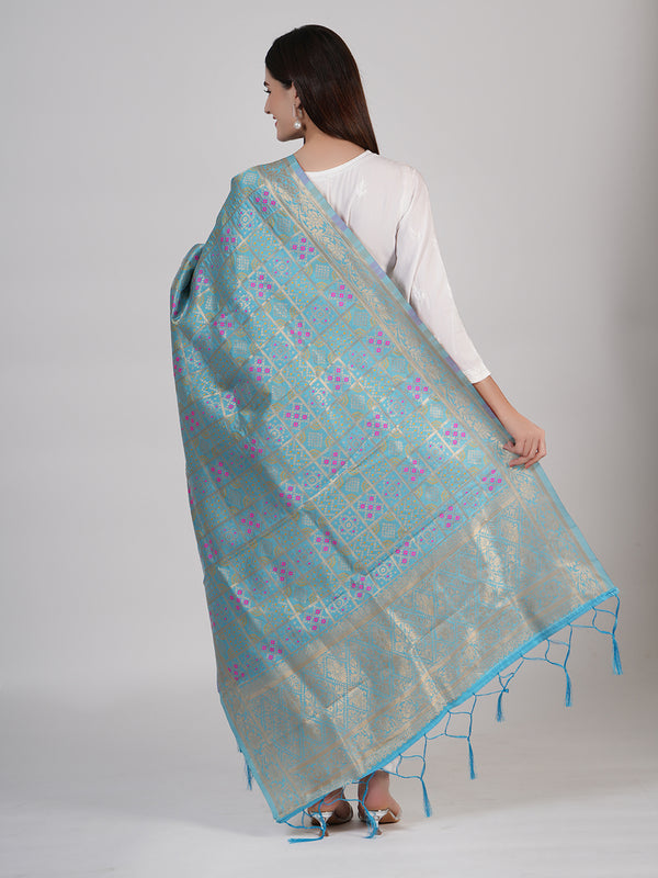 Teal Paithani Silk Dupatta with Geometric Zari Jaal & Traditional Border (Size: 2.5x1 m Approx)