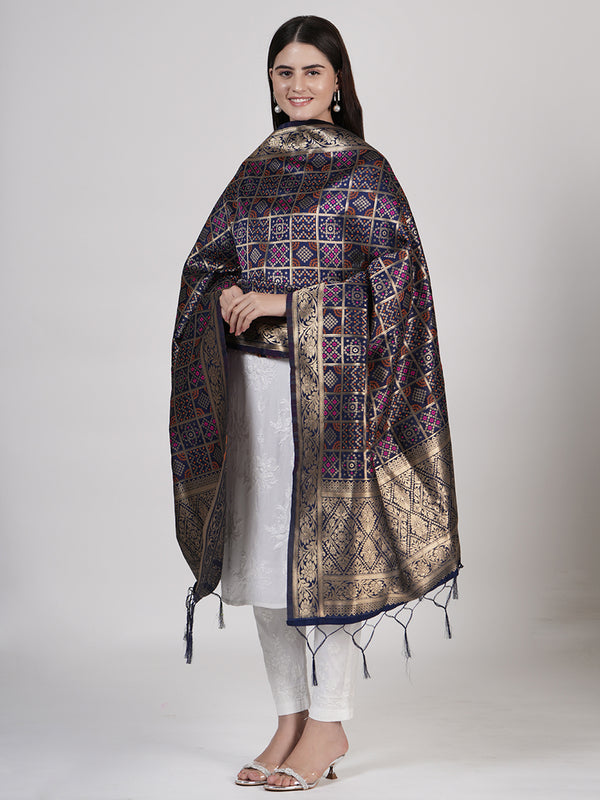 Blue Paithani Silk Dupatta with Geometric Zari Jaal & Traditional Border (Size: 2.5x1 m Approx)