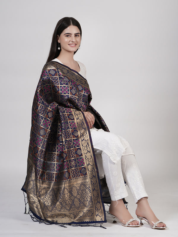 Blue Paithani Silk Dupatta with Geometric Zari Jaal & Traditional Border (Size: 2.5x1 m Approx)