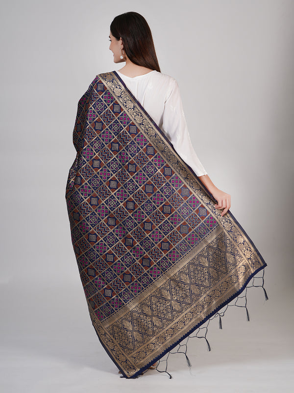 Blue Paithani Silk Dupatta with Geometric Zari Jaal & Traditional Border (Size: 2.5x1 m Approx)