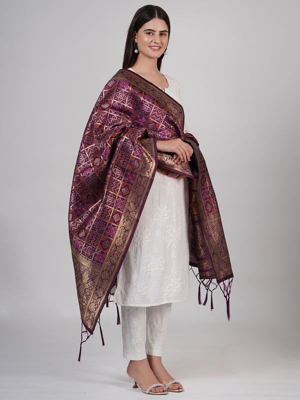 Wine Paithani Silk Dupatta with Geometric Zari Jaal & Traditional Border (Size: 2.5x1 m Approx)