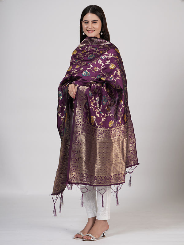 Purple Paithani Silk Dupatta with Floral Zari Jaal & Traditional Border (Size: 2.5x1 m Approx)