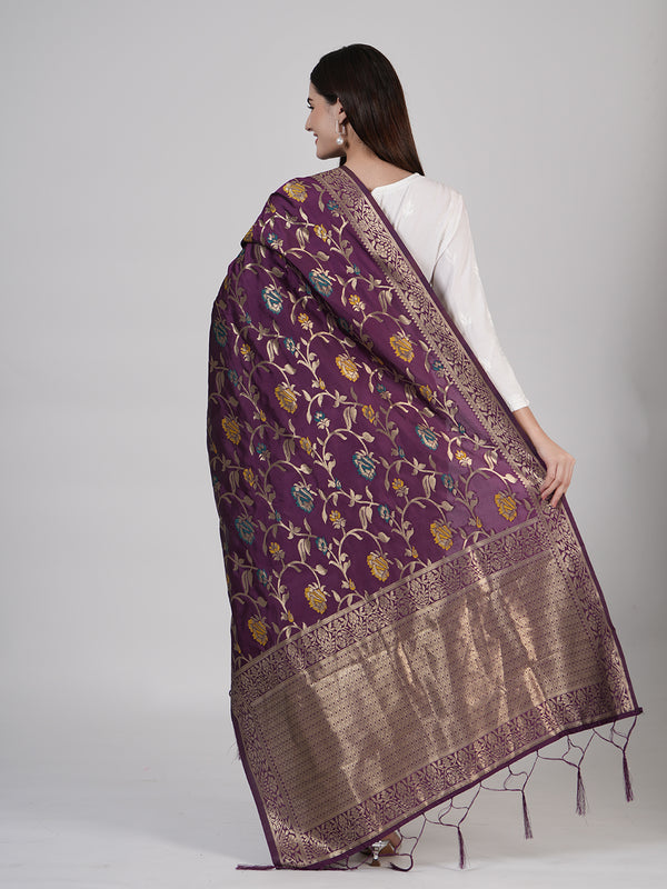 Purple Paithani Silk Dupatta with Floral Zari Jaal & Traditional Border (Size: 2.5x1 m Approx)