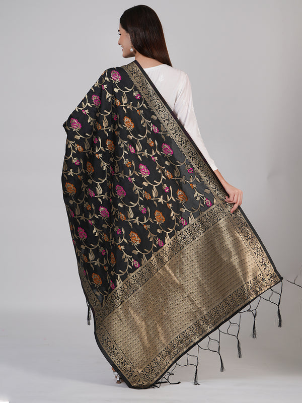 Black Paithani Silk Dupatta with Floral Zari Jaal & Traditional Border (Size: 2.5x1 m Approx)