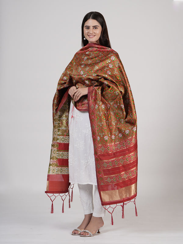 Brown Paithani Silk Dupatta with Geometric Motifs & Contrast Zari Border (Size: 2.5x1 m Approx)