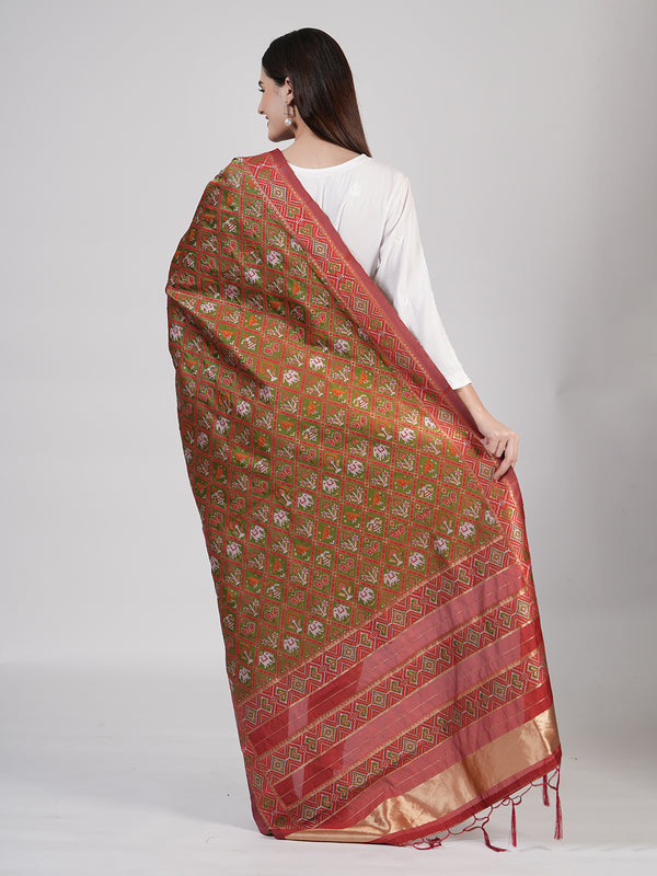 Brown Paithani Silk Dupatta with Geometric Motifs & Contrast Zari Border (Size: 2.5x1 m Approx)
