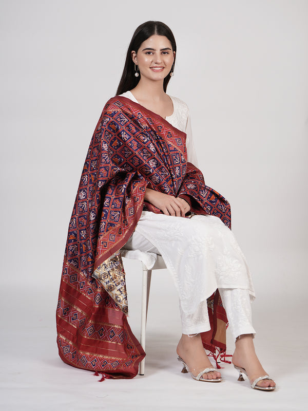 Royal Orange Paithani Silk Dupatta with Geometric Motifs & Contrast Zari Border (Size: 2.5x1 m Approx)