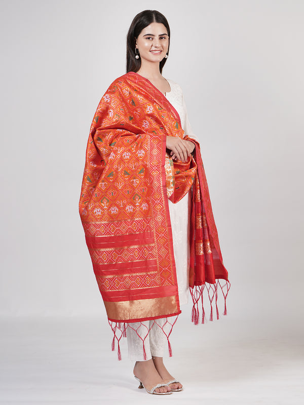 Orange Paithani Silk Dupatta with Geometric Motifs & Contrast Zari Border (Size: 2.5x1 m Approx)