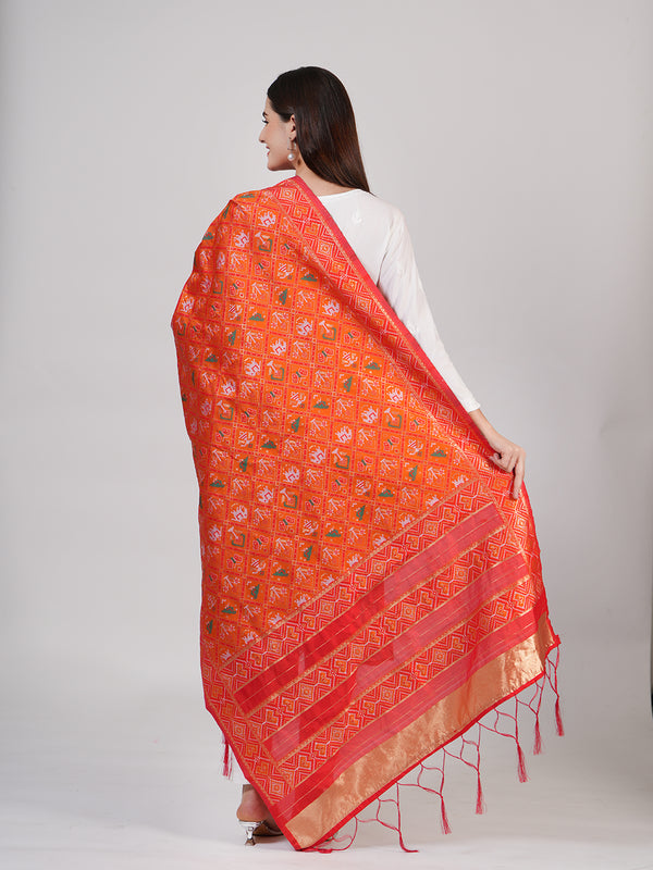 Orange Paithani Silk Dupatta with Geometric Motifs & Contrast Zari Border (Size: 2.5x1 m Approx)