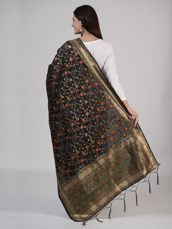 Black Kashmiri Silk Dupatta with Multicolour Floral Vine Weave & Zari Border (Size: 2.5x1 m Approx)