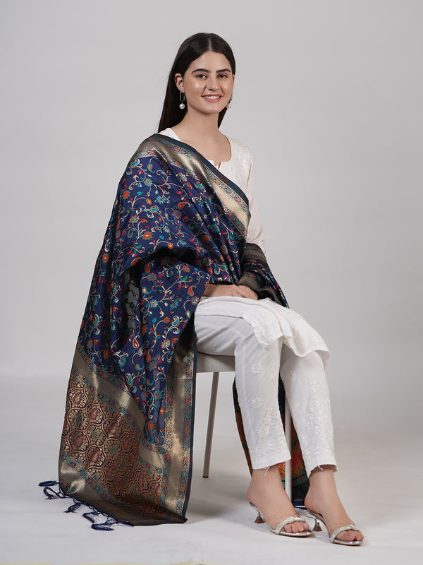 Blue Kashmiri Silk Dupatta with Multicolour Floral Vine Weave & Zari Border (Size: 2.5x1 m Approx)