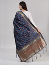 Blue Kashmiri Silk Dupatta with Multicolour Floral Vine Weave & Zari Border (Size: 2.5x1 m Approx)