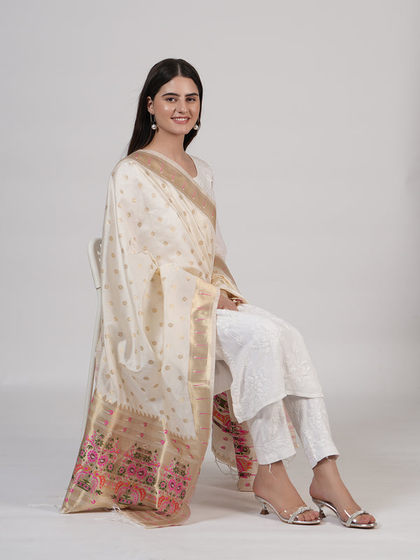White Paithani Silk Dupatta with Gold Zari Butti & Traditional Border (Size: 2.5x1 m Approx)