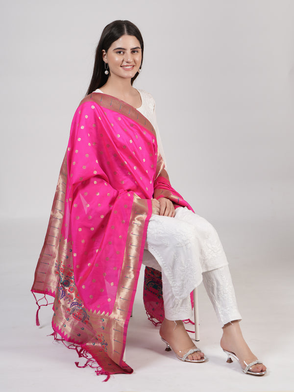 Rani Paithani Silk Dupatta with Gold Zari Butti & Traditional Border (Size: 2.5x1 m Approx)