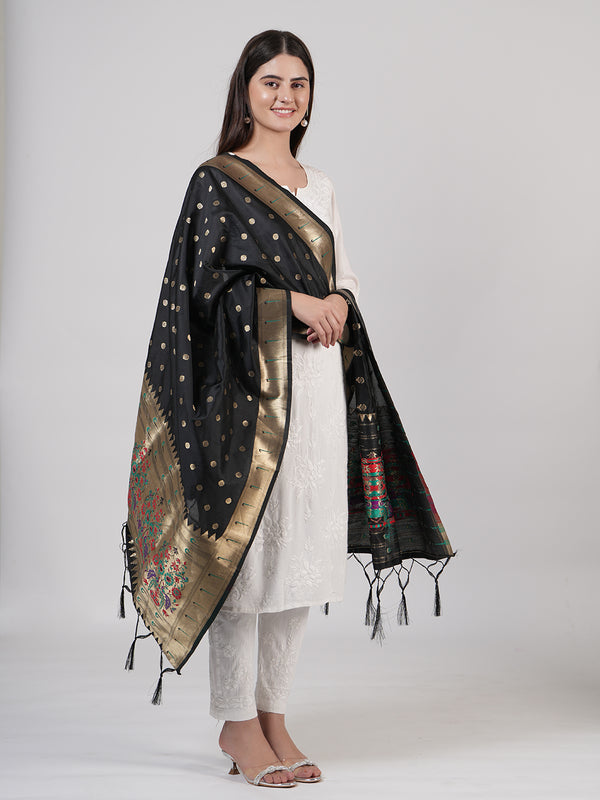 Black Paithani Silk Dupatta with Gold Zari Butti & Traditional Border (Size: 2.5x1 m Approx)