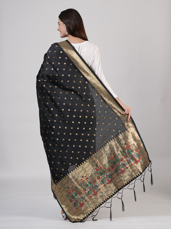 Black Paithani Silk Dupatta with Gold Zari Butti & Traditional Border (Size: 2.5x1 m Approx)